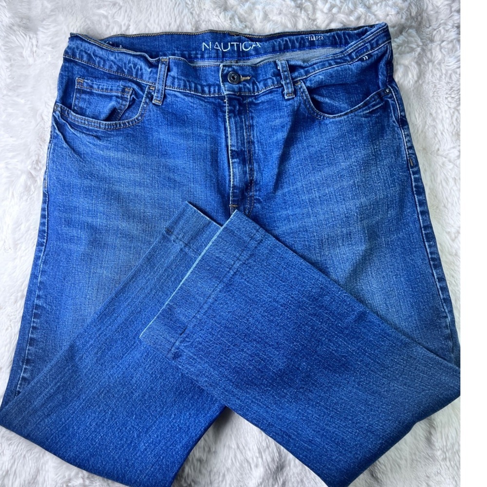 Nautica Mens Blue Stretch Straight Leg Denim Jeans 36W x 24L Medium Wash A15